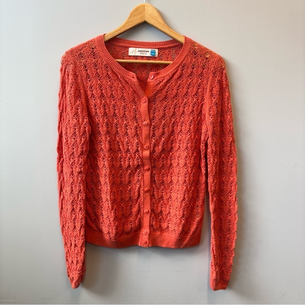 Sparrow Medium Coral Orange Cardigan Open knit crochet button front - Picture 1 of 12